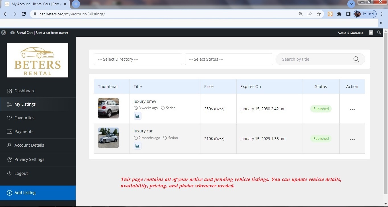 rented car list